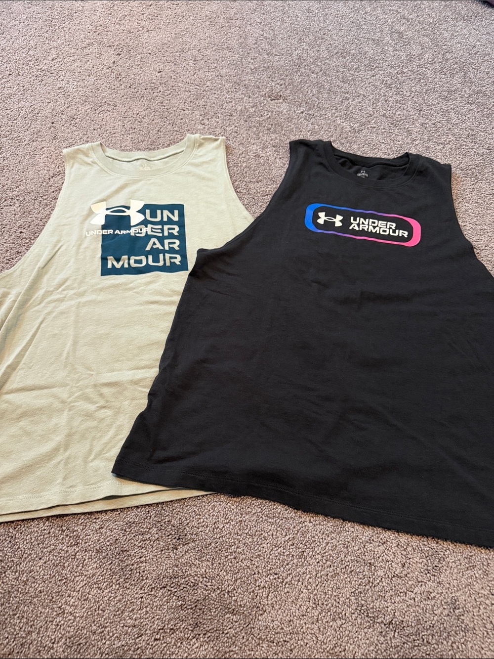 Under Armour Black & Light Green Logo Sleeveless Tanks
